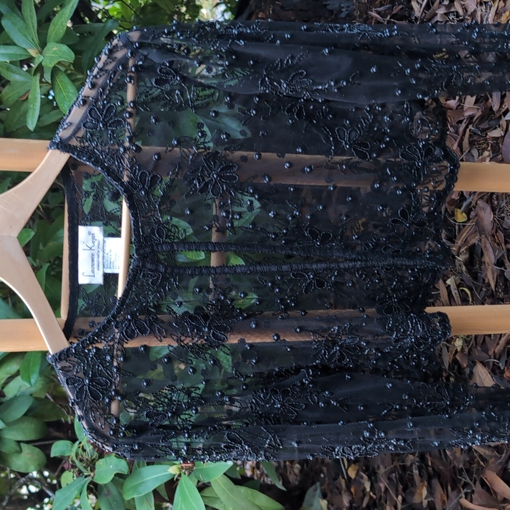 Lawrence Kazar Vintage XL Black Sheer Cropped Beaded Cardigan NWT